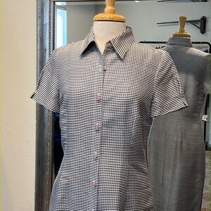 Kay Unger black and white silk gingham shirt dress, lined. Size 10